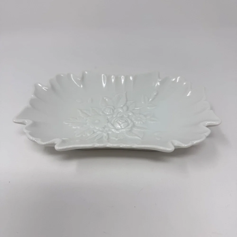 Vintage White Scalloped Porcelain Vanity Dish with Raised Floral Design – 6